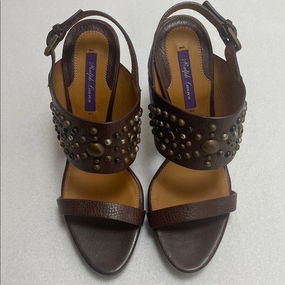 Ralph Lauren Purple Label Boho Leather Studded Open Toe Heels - Picture 2 of 8